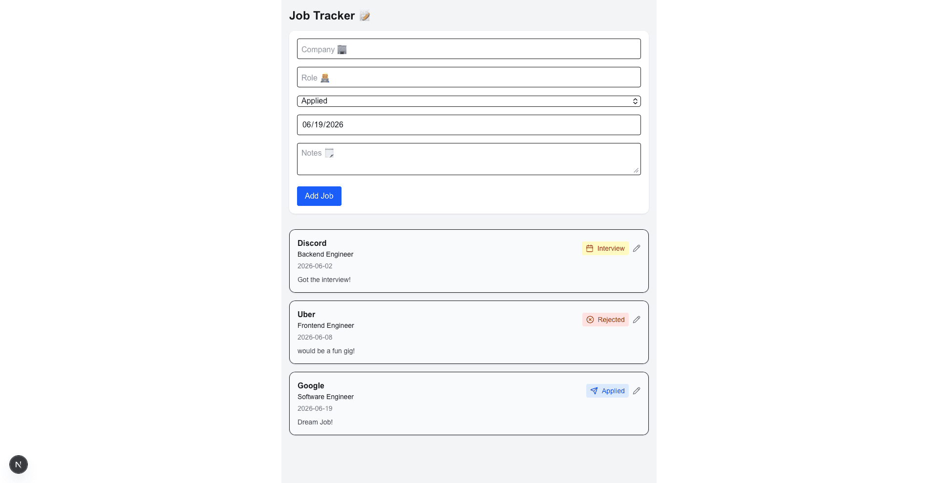 Screenshot of Job Tracking App